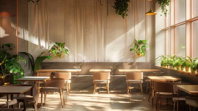 Interior design modern minimalist of restaurant or cafe with sunlight. AI generated image