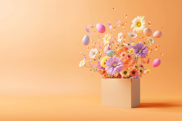 Flowers and easter eggs comes out of box, a symbol of romance and love. Pastel colors. Idea for Valentine's Day or Mother's day. - obrazy, fototapety, plakaty