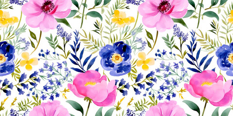 Colorful joyful flowers meadow seamless pattern. Vibrant colors painting style.