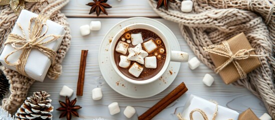 Christmas scene displaying hot chocolate, cinnamon sticks, star anise, marshmallows, cozy knitted blanket, presents, and pine cones on a white wooden surface.