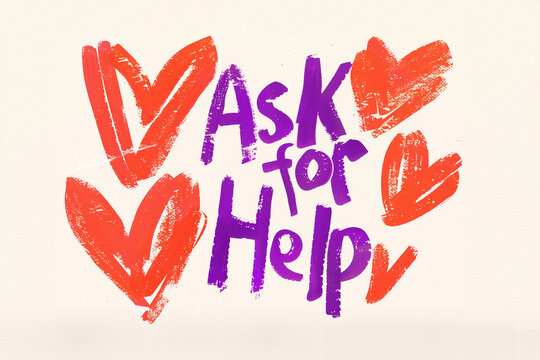 Text Ask for Help crayon drawing with hearts.