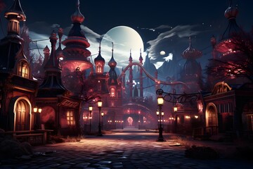 Fantasy night city with the moon in the sky. 3d rendering