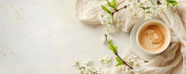 Morning cup of coffee with white flowers on light fabric background. Hot drink with spring flowers....