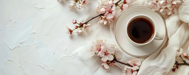 Morning cup of coffee with pink flowers on light fabric background. Hot drink with spring flowers....