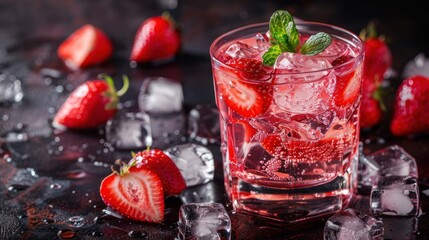 Fresh summer drink strawberry cocktail with ice cubes in glass. AI generated image - obrazy, fototapety, plakaty