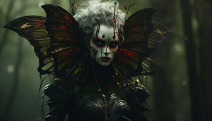 evil fantasy butterfly woman in the dark fairytale forest - obrazy, fototapety, plakaty