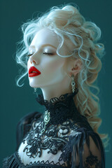 luxury goth vampire woman with red lips and pale skin - obrazy, fototapety, plakaty