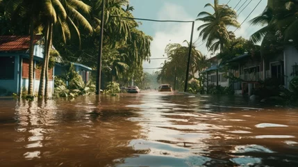 Fototapeten Flooded streets on tropical island after hurricane.  © KRIS
