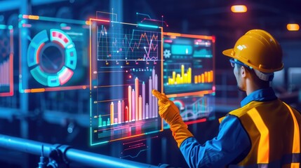 An engineer with data finance analyzes company work with digital reality graphics. AI generated - obrazy, fototapety, plakaty