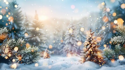 Fototapeta na wymiar winter landscape decoration background, christmas tree and decorations as panoramic wallpaper header