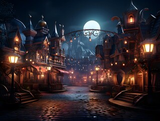 Fantasy illustration of a fairy tale town at night. 3d rendering