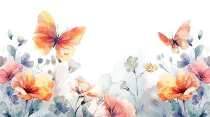 Illustration watercolor flowers with butterfly on white background. AI generated image - obrazy, fototapety, plakaty