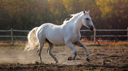 Obraz na płótnie Canvas Portrait beautiful white horse run forward in dark background. AI generated image