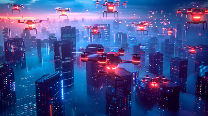 Futuristic cityscape with autonomous drones at twilight