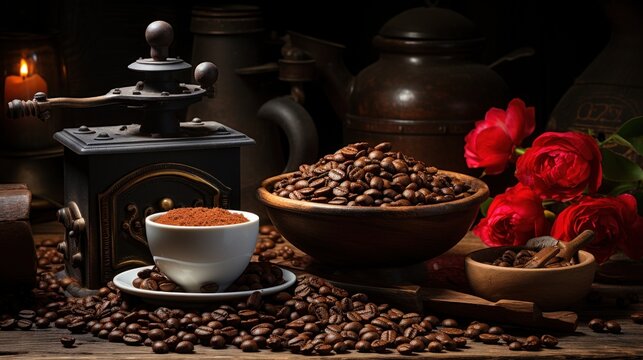 coffee beans and old coffee mill on the wooden background
