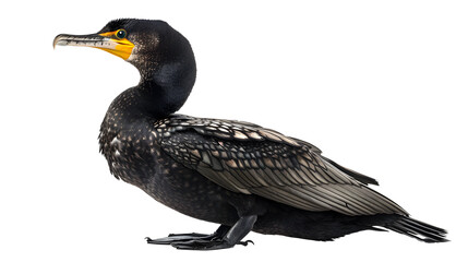 Side view of a Great Cormorant, Phalacrocorax carbo, against white background