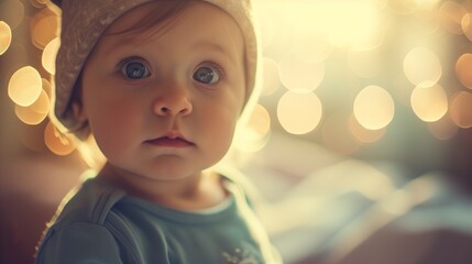A baby with soulful eyes, awash in warm golden bokeh light