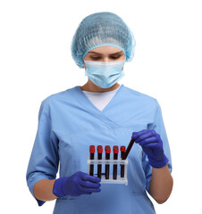 Laboratory testing. Doctor with blood samples in tubes on white background