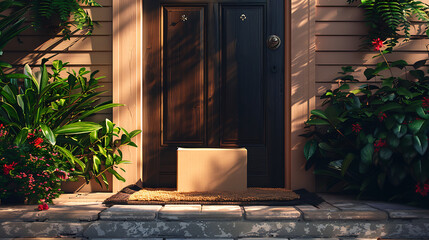 a brown cardboard box placed on a doormat in front of a dark brown door. - obrazy, fototapety, plakaty