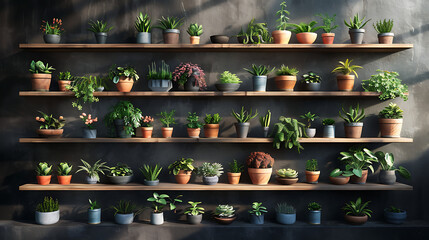 a delightful arrangement of potted plants on wooden shelves against a dark, matte wall. - obrazy, fototapety, plakaty