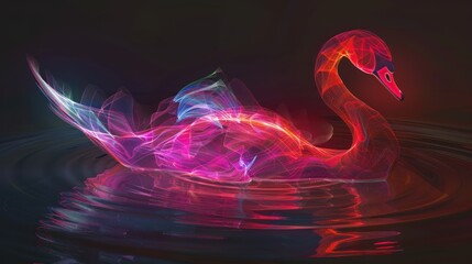 Abstract 3d colorful hologram swan drawing in dark background. AI generated - obrazy, fototapety, plakaty