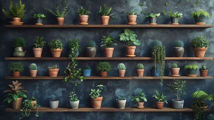 a delightful arrangement of potted plants on wooden shelves against a dark, matte wall. - obrazy, fototapety, plakaty