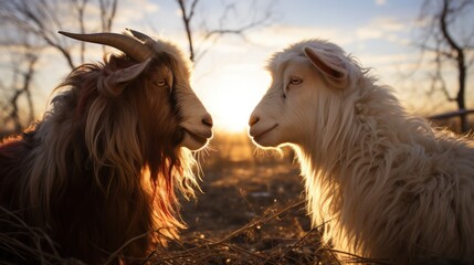 two goats stare at each other - obrazy, fototapety, plakaty