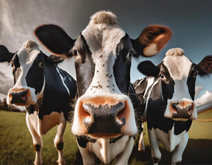 Close up na cara de três vacas no pasto fresco de uma fazenda com céu ao fundo. - obrazy, fototapety, plakaty