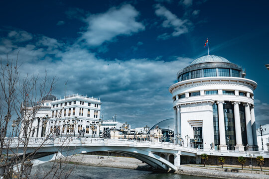 Skopje, North Macedonia - 03-24-2024: Buildings and the bridge in the center of Skopje. 