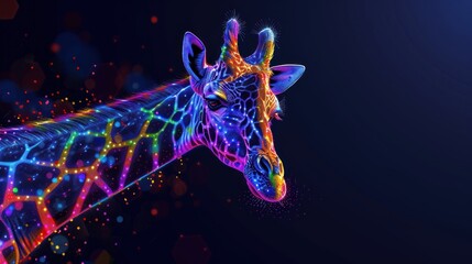 Abstract 3d colorful hologram giraffe animal drawing in dark background. AI generated - obrazy, fototapety, plakaty