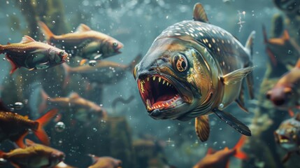 Piranha killer zombie fish swimming on underwater in the river. AI generated image