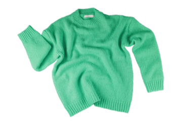 Green flying crumpled women's autumn knitted sweater isolated on white, transparent background. Creative clothing concept, trendy cozy creasy jersey pullover. Fashion, sale, autumn discount