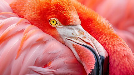 The flamingo’s feathers are a striking bright pink, appearing soft and fluffy. - obrazy, fototapety, plakaty