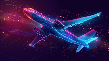 Colorful holographic airplane transportation on dark background. AI generated image - obrazy, fototapety, plakaty