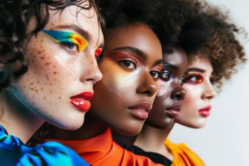 Vibrant Makeup Adorns Model at a Pride Parade Celebrating Queer Diversity - obrazy, fototapety, plakaty