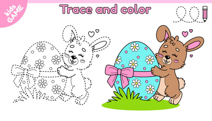 Kids educational Easter game Tracing lines. Cartoon rabbit. Hare hugs the easter egg decorated with ribbon, bow. Trace and color. Handwriting practice worksheet for children education. Vector design.
