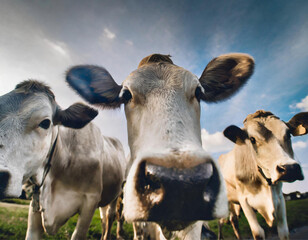 Close up na cara de três vacas no pasto fresco de uma fazenda com céu ao fundo.