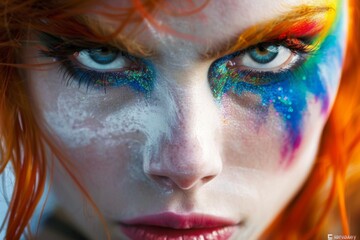 Vibrant Makeup Adorns Model at a Pride Parade Celebrating Queer Diversity - obrazy, fototapety, plakaty