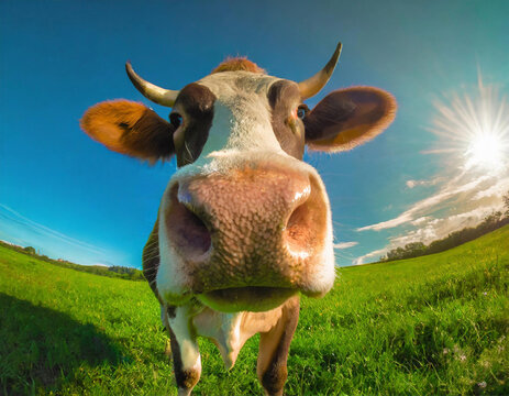 Close up na cara de uma vaca no pasto com céu ao fundo..