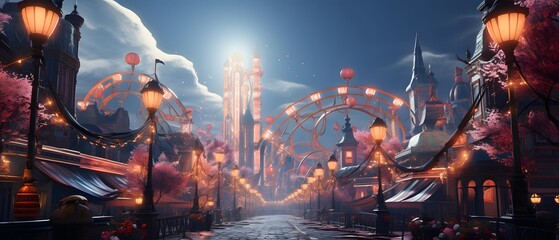 Amusement park at night. Panoramic view of amusement park