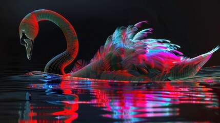 Abstract 3d colorful hologram swan drawing in dark background. AI generated