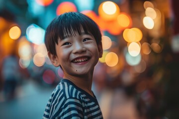 Happy asian little boy smile in the street with bokeh background