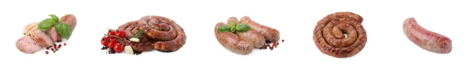 Tasty homemade sausages isolated on white, set