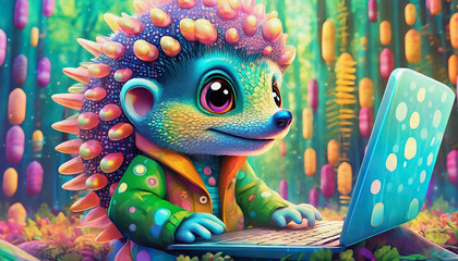 Oil painting style baby a hedgehog cartoon character hacker