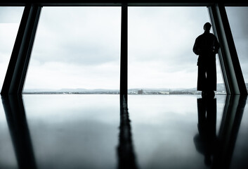 silhouette of a person in front of a glass facade