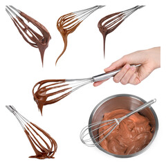 Whisks with chocolate cream on white background, set