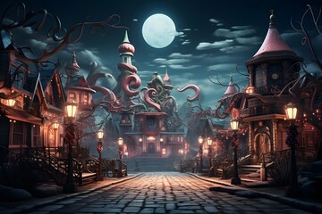 Halloween background with a full moon and haunted house, 3d illustration
