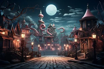 Foto op Canvas Halloween background with a full moon and haunted house, 3d illustration © Iman