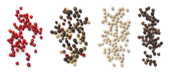 Aromatic spices. Different types of peppercorns isolated on white, top view