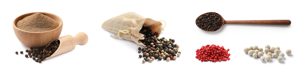 Aromatic spices. Different types of peppercorns isolated on white, set